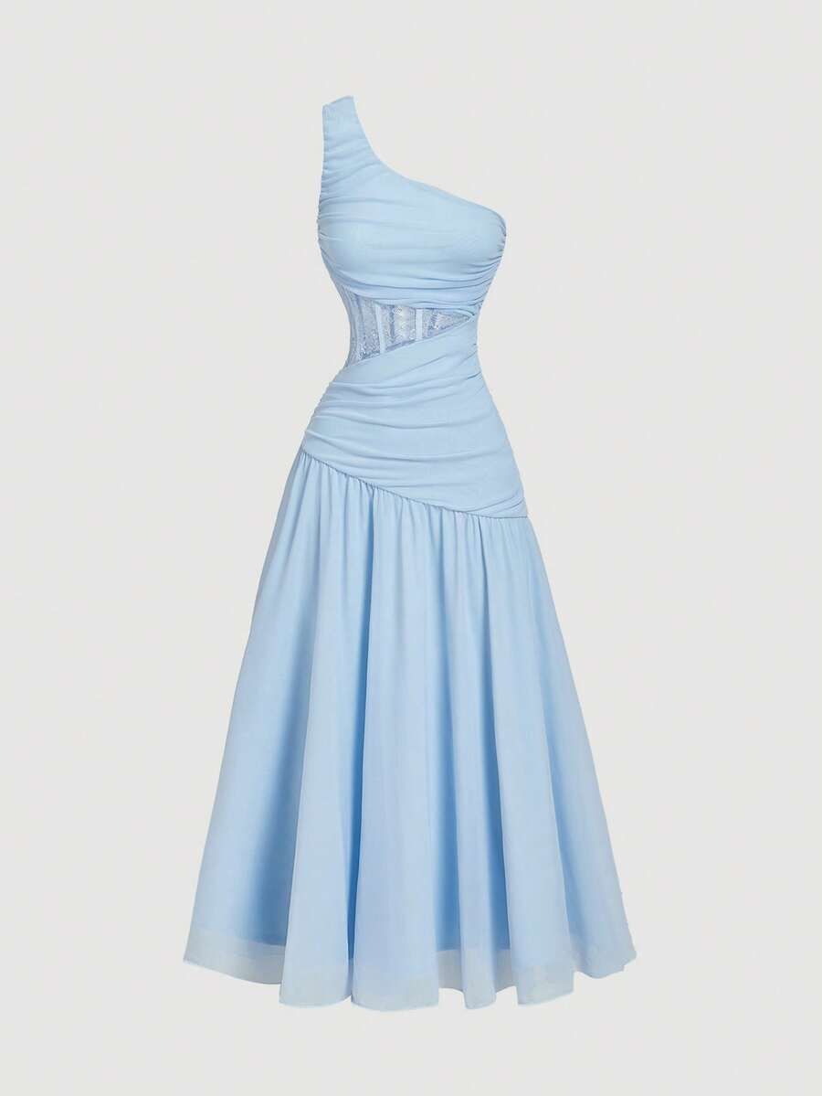 SHEIN MOD 白色蕾丝褶皱网纱连衣裙 - 藍色 - 查看 1