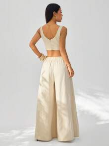 SHEIN PETITE New Spring/Summer Vacation Casual Fishbone Strap Top And Wide Leg Pants With Pockets 2 Pieces Textured Fabric Set - B - Apricot - View 2