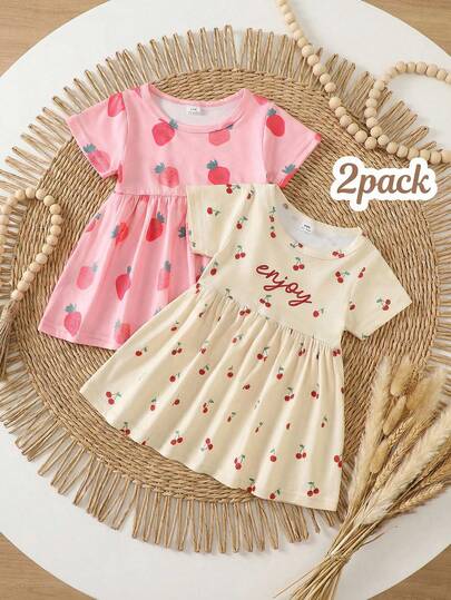 SHEIN 2pcs Toddler Girls Cute Sweet Casual Pink Strawberry Cream Cherry Fruit Graphic Letter "Enjoy" Print Short Sleeve Round Neck A-Line Skater T-Shirt Dresses Sundress Clothes Outfits For Birthday Party School Beach Holiday Spring Summer