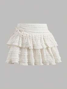 SHEIN Falda corta de niña preadolescente de color albaricoque, con diseño elegante y minimalista de cordón, fruncido y lazo - Albaricoque - Ver 2