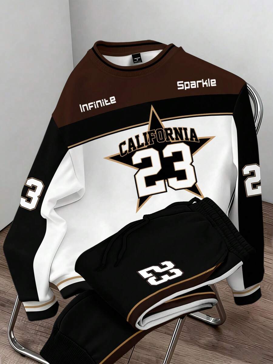 Manfinity Joysei Retro Color Block Pullover Sweatshirt Set, Unisex Loose Sporty Oversized Top + Jogger Pants - Multicolor - View 1