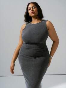 CurvyTilda 加大码纹理棉质高弹情人节连衣裙 - 黑色 - 查看 4