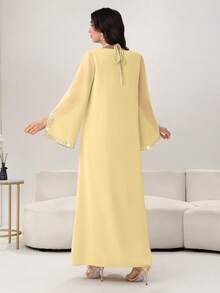 Yasmyna Vestido con cuello de corbata de encaje floral elegante, manga acampanada, primavera/verano - Amarillo - Ver 3