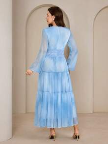 Modelyn Đầm ren in kỹ thuật số màu xanh dương dành cho nữ, kiểu dáng Ả Rập nhẹ nhàng, lãng mạn và tươi mới. - Màu xanh lam - Xem 2
