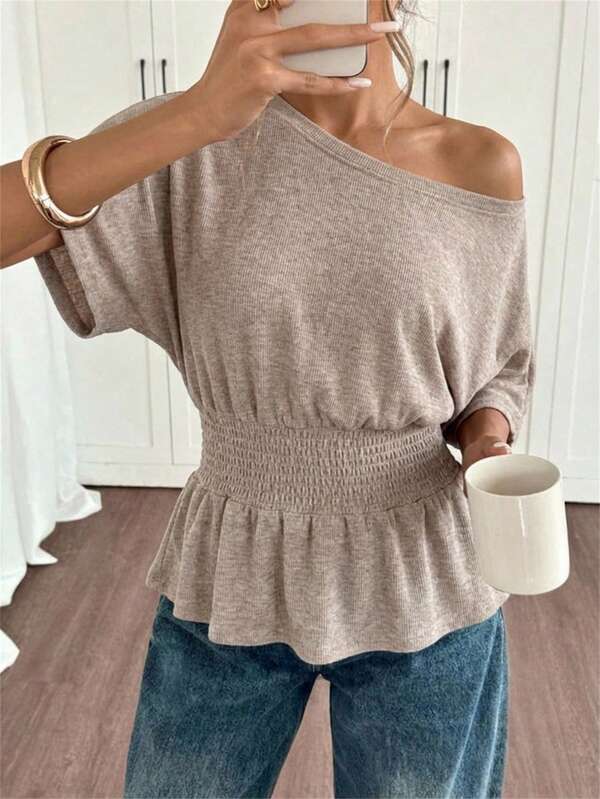 Aloruh Women's Elegant Oblique Off The Shoulder Cinched Waist Solid Color Short Sleeve T-Shirt,Spring Outfit Women,Going Out Top, Going Out Tops For Women,Casual Top For Women