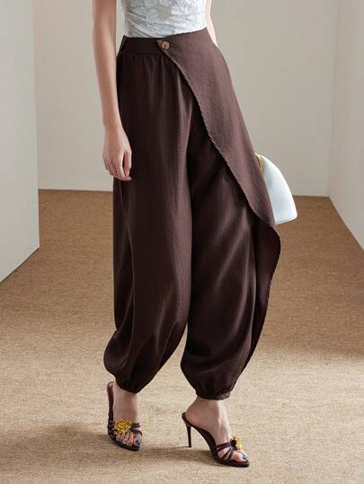 Heiryn 女士纯色腰部纽扣设计休闲慢跑裤