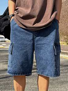 DAZY 男士蓝色水洗做旧松紧腰带口袋设计牛仔短裤，夏季 - 藍色 - 查看 1
