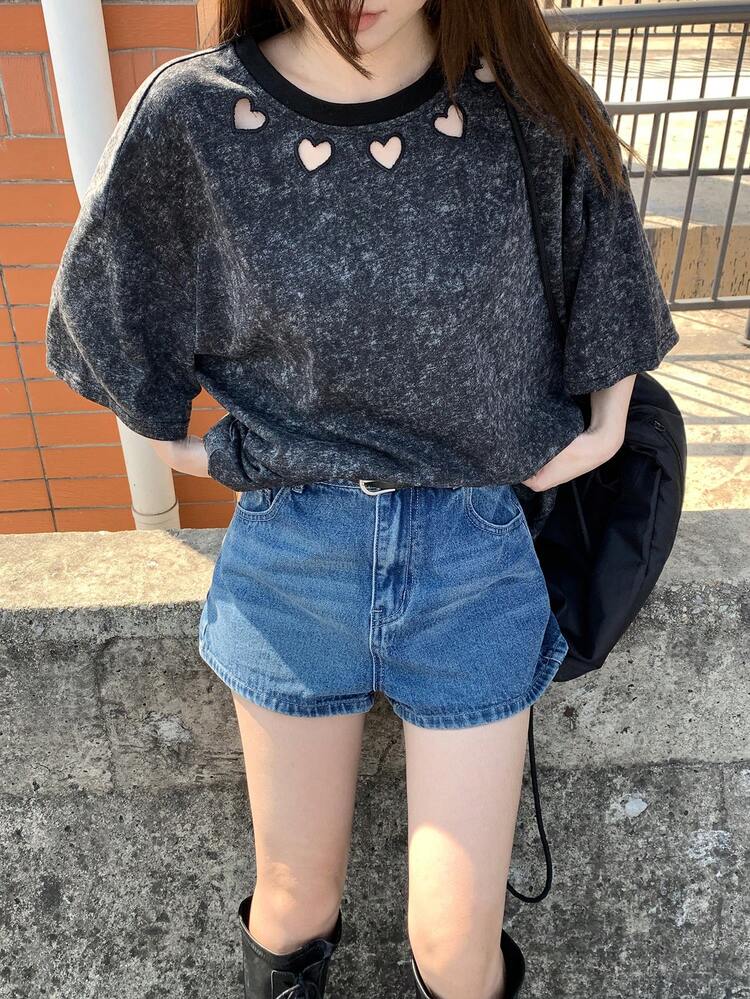 Women's Hollow Out Round Neck Korean Style Short Sleeve T-Shirt