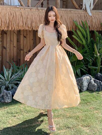 DAZY Vestido largo elegante con estampado floral, estilo coreano, de manga abullonada para fiesta y cumpleaños de mujer