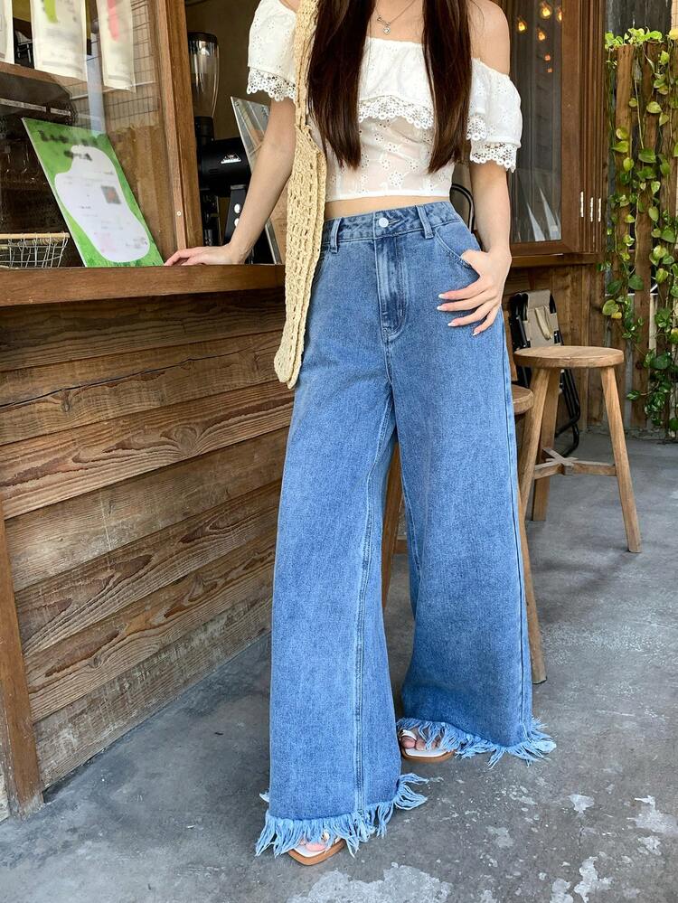 Women's Frayed Hem Korean Style Washed Casual Flare Leg Jeans