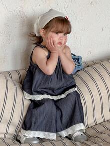 DAZY 2pcs/Set Toddler Girls' Washed Korean Style Lace Camisole & Loose Casual Jeans Pants - Blue - View 2