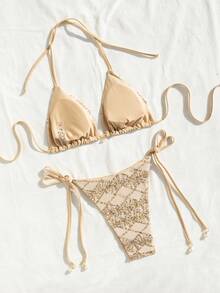 Costavie Swim Basics 两件套闪亮纹理面料珍珠装饰挂脖三角上衣和侧系带比基尼泳裤性感套装，春夏海滩度假 - 杏色 - 查看 2