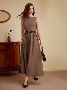 Vintamour Elegantes Vintage-Kleid für Damen, figurbetontes Bootausschnitt-Etuikleid mit ärmellos für Frühling/Sommer, in Grau, mit Taschen, Gürtel und ausgestelltem Saum, Langes Kleid - Braun - Übersicht 3