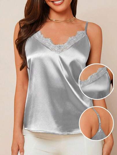 Amorya Camiseta de satén con encaje para mujer, versátil para usar en primavera/verano o como capa debajo de chaquetas en otoño/invierno, adecuada para el uso diario y otras ocasiones