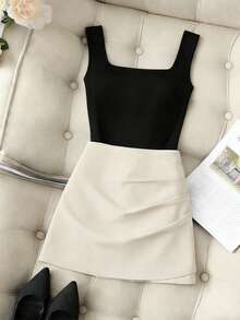 GlowEve 新款套装：黑色方领宽肩带吊带背心+高腰百褶A字裙，时尚夏季女装 - 彩色 - 查看 1