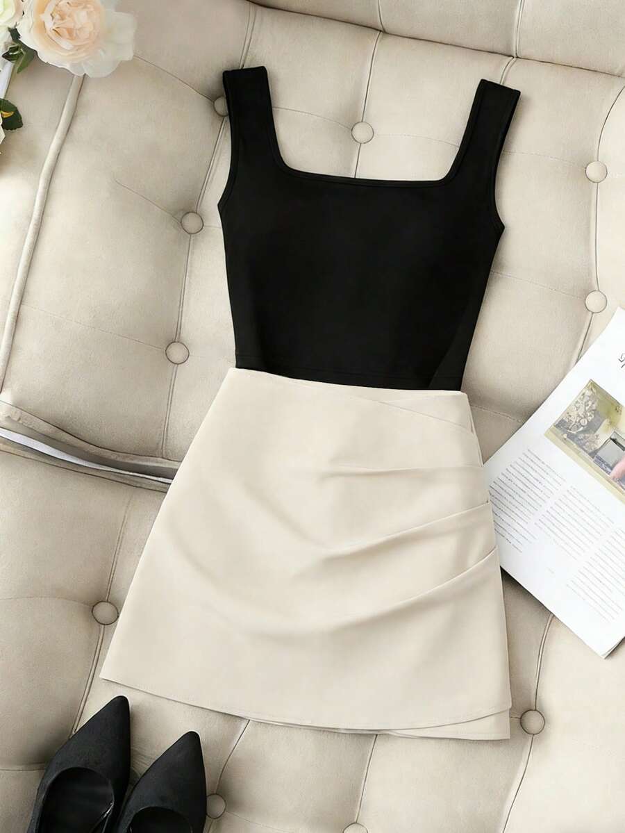 GlowEve 新款套装：黑色方领宽肩带吊带背心+高腰百褶A字裙，时尚夏季女装 - 彩色 - 查看 1