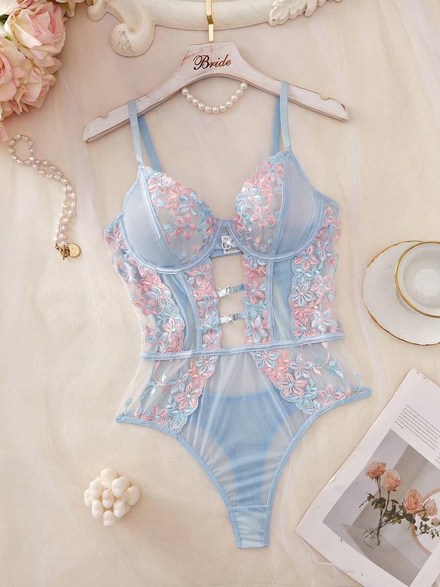 1pc Women's Sexy Lingerie Floral Embroidery Mesh Jumpsuit - Multicolor - View 1