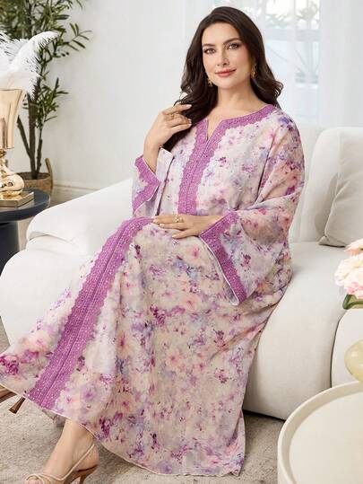 Al Najma Plus Size Women's Romantic Elegant Floral Tie Dye Ruffled Maxi Dress, Spring/Summer