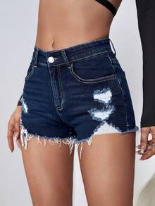 SHEIN Tall 高个女式夏季时尚低腰破洞毛边牛仔短裤 - 深色水洗藍 - 查看 4