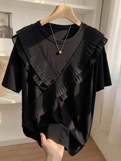 Resyla Lace Trim Decor Fashionable Minimalist Women's Regular Short Sleeve Crew Neck T-Shirt, Gift For Friends