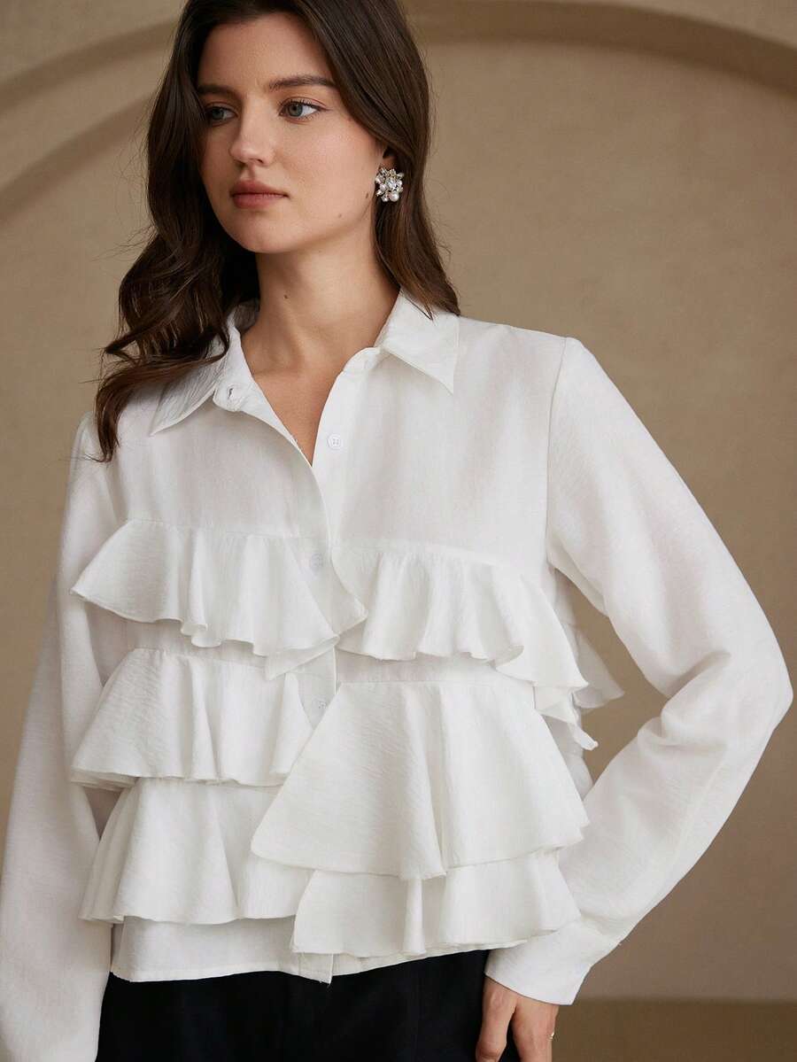 Aveloria Rosie 时尚不对称荷叶边设计白色长袖休闲衬衫 - 白色 - 查看 1