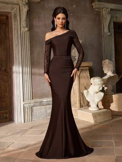 Aureia Elegante y lujoso vestido de encaje bordado francés con mangas largas transparentes, cuello en V, cintura fruncida, control de abdomen y bajo fruncido, adecuado para galas de noche, eventos de negocios formales y atuendos de invitados