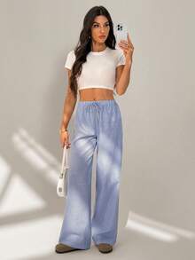 SHEIN Tall Blue And White Striped Casual Lounge Pants, Perfect For Spring And Summer Wear. - Blue and White - View 7
