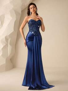Coutiva Đầm dạ hội thanh lịch dành cho nữ, không dây vai, kiểu đuôi cá, đính sequin và nhiều mảnh vải. - Màu xanh hải quân - Xem 3