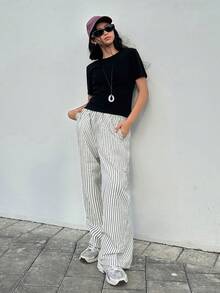 DAZY Teen Girls Striped Loose Straight Casual Daily Versatile T-Shirt Set - Black - View 5