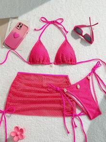 Swim Mod 3pcs Women's Solid Color Swimsuit Set For Beach/Vacation - Hot Pink - View 4