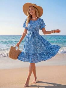 Sylviya Ditsy Floral Print Petal Sleeve Ruffle Trim Belted Dress - Blue and White - View 3