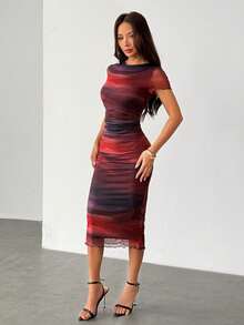 SHEIN PETITE Đầm dài tay ngắn in họa tiết lưới thời trang cho nữ, quần áo nữ mùa xuân/hè, trang phục mùa hè, đầm công sở, đầm midi, đầm đi biển, đầm dự tiệc, đầm tốt nghiệp, đầm công sở cho nữ, đầm sân bay, đầm tuần trăng mật cho nữ, đầm phong cách boho, đầm hè cho nữ - Nhiều màu - Xem 8