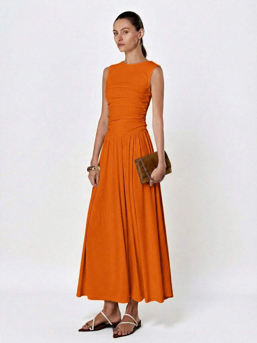 Aveloria Modichic White Minimalist Sophisticated Pleated Crew Neck Sleeveless Dress - Burnt Orange - View 1