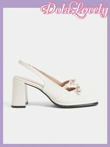 Dola Lovely 白色亮面粗跟双蝴蝶结后跟露趾高跟鞋，适合搭配JK制服、通勤、日常穿着、校园时尚，百搭，洛丽塔风格 - 白色 - 查看 3