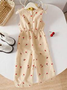 Genkimix Kids Young Girls Cute Cherry Print Camisole,Wide Leg Casual Jumpsuit With Bow,Pockets Sleeveless Romper Summer Matching Y2K Family Vacation Outfit - Khaki - View 2