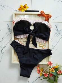 Swim Vcay 夏季海滩度假印花荷叶边撞色褶皱抹胸可拆卸肩带比基尼套装 - 彩色 - 查看 6