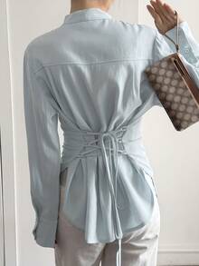 Livesso 女士系带腰身飘逸休闲办公衬衫 - 藍色 - 查看 2