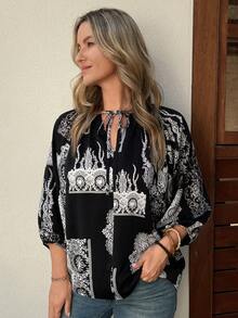 Vivie Lora Women's Loose Vacation Style Black & White Shirt Boho - Black and White - View 2