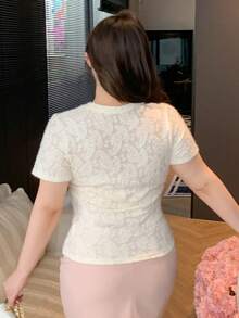 Dazy Plus Große Größen Sommer Lässig einfarbiges Cashew Blumen Jacquard Kurzarm T-Shirt - Aprikosenfarben - Übersicht 4