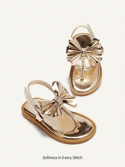 Cozy Pixies A Pair Of Fashionable And Versatile Casual Fun Golden Bow Flip-Flops Three-Dimensional Princess Style Golden Girls Baby Flat Sandals Suitable For Summer