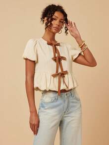 Travachic Cute Women's Multicolor Woven Fabric Regular Length Flared Ruffle Hem Round Neck Short Puff Sleeve Top - Multicolor - View 6