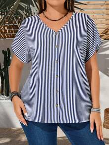 Rosumi 大码女式休闲度假条纹印花V领露肩袖宽松衬衫，夏季蓝白条纹上衣，夏季条纹衬衫，女式教师装 - 藏蓝色 - 查看 7