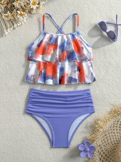 SHEIN Tween Girls' Printed Tankini Swimwear