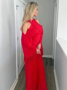 Sydney Algeri 2025 Autumn And Winter New Elegant Commuter Solid Color Fit Bright Red Cross Neckline & Tassel Long Sleeve Women Jumpsuit, Suitable For Parties And Daily Outings,Country Concert Outfit,Halloween,Christmas, Night Out,Wedding Guest Dress,Birthday Dress,Brunch Outfits For Women,Daily Outings -A - Red - View 4