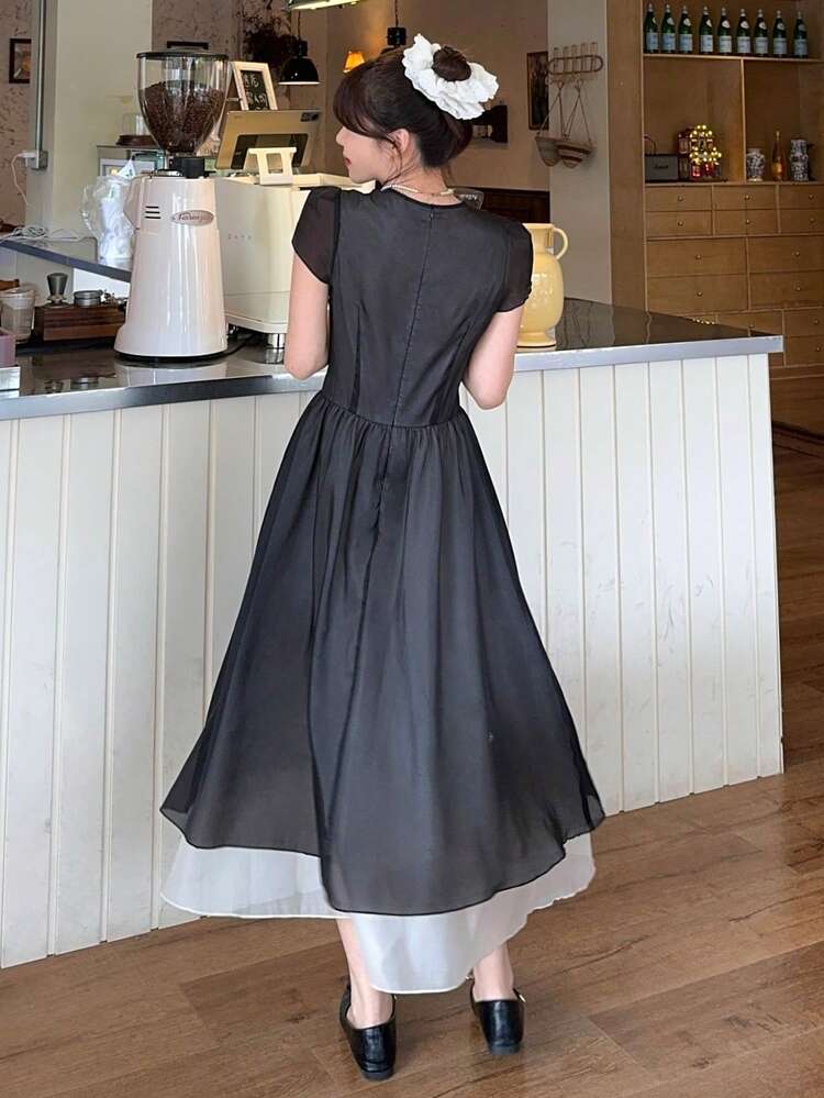 Women's Sweet Elegant Sheer Mesh Puff Sleeve Dress, Summer New Arrival