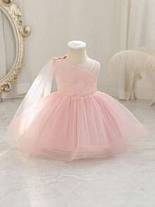 Glamorique Kids 花童生日派对婚礼节日礼服，女婴公主蕾丝缎面薄纱蓬蓬裙，薄纱缎带不对称蝴蝶结设计，适合正式场合、舞台表演、钢琴演奏、派对、拍照、夏季，欧美风格 - 粉色 - 查看 5