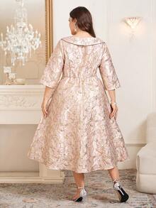 Reflora 大码女士优雅提花长袖中长连衣裙，适合派对和外出，秋冬季 - 粉色 - 查看 2