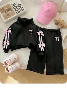 Babygirl Cute Versatile Black Bow Collar Sweatshirt Set, Autumn/Winter Fall - Black - View 1