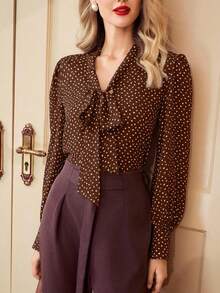 Vintamour 复古优雅女士波点雪纺衬衫，宽松长袖，杏色，适合春季、夏季情人节外出穿着 - 咖啡棕 - 查看 6