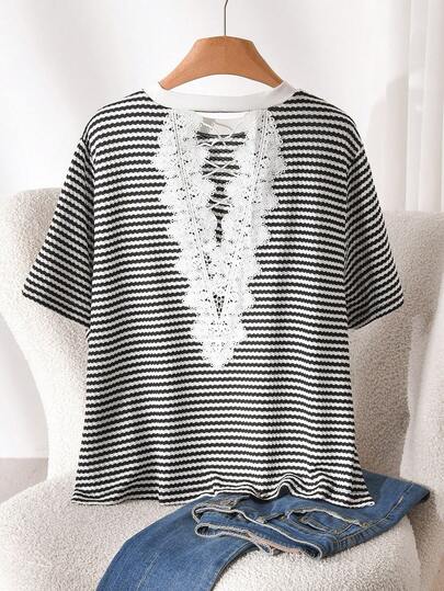 CosyJoli Plus Size French Back Contrast Lace Striped Knit Sweater Cute Casual Tops Cute Tops For Women Casual Tops Women Summer Lace Up Top